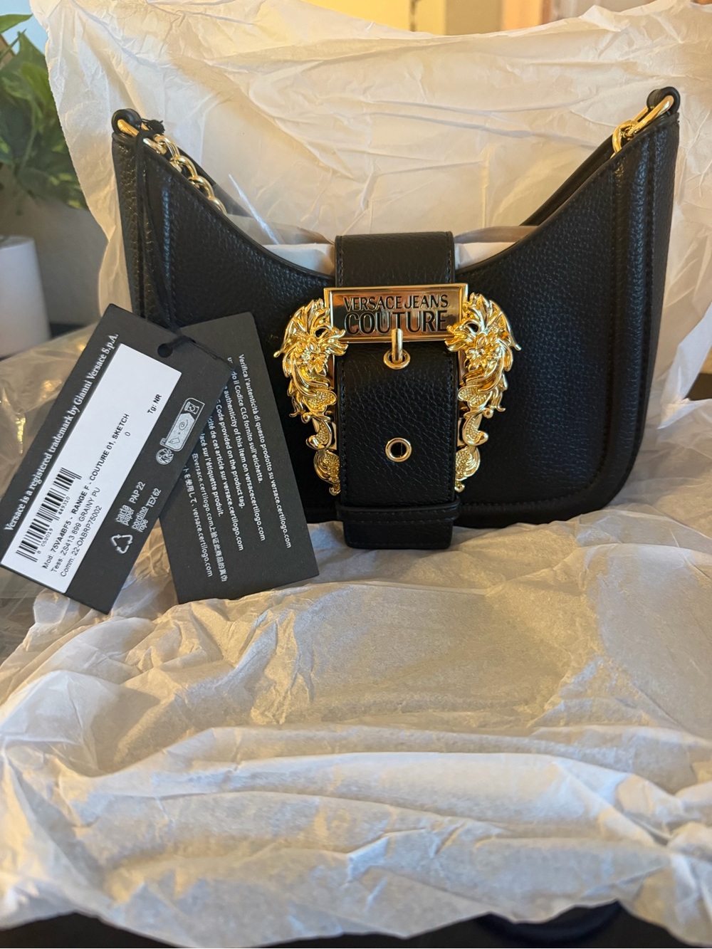 Versace Jeans Collection Black Mini Shoulder Bag with Gold Baroque Buckle